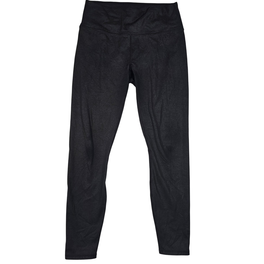Black Faux Leather Textured High Rise Athletic Leggings Metallic Shimmer‎ Pants